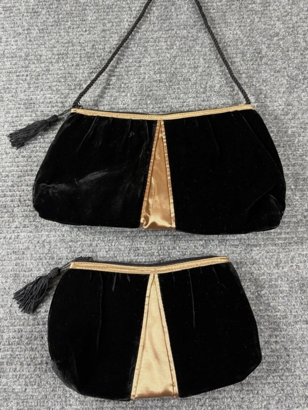 Velour Black & Gold Evening Cocktail Party Shoulder Bag and Clutch Duo 7x11